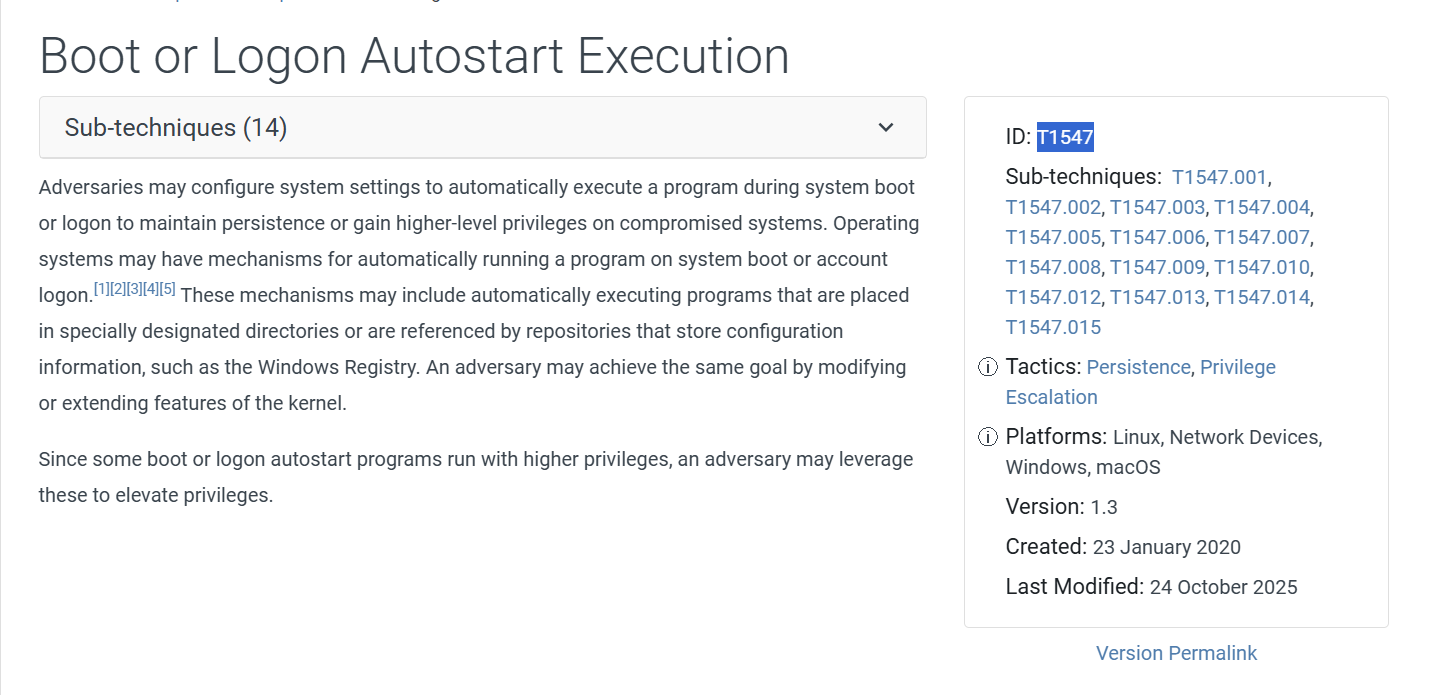 MITRE ATT&CK definition page for T1547: Boot or Logon Autostart Execution.
